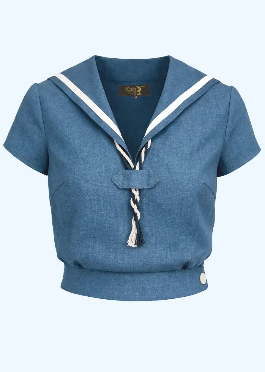 1930s Sailor Top - Aqua kortærmet skjorte House of Foxy