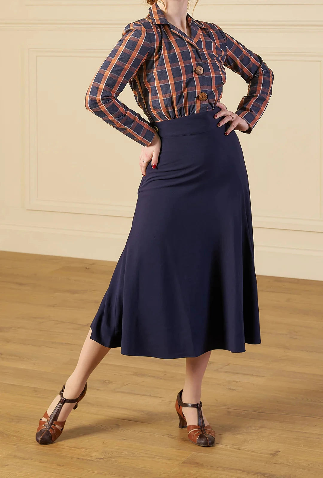 1930s Swirl Skirt - navy top House of Foxy