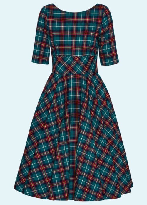 1950'er Hepburn Swingkjole i petroleumsblå tartan swing kjole Pretty Dress Company
