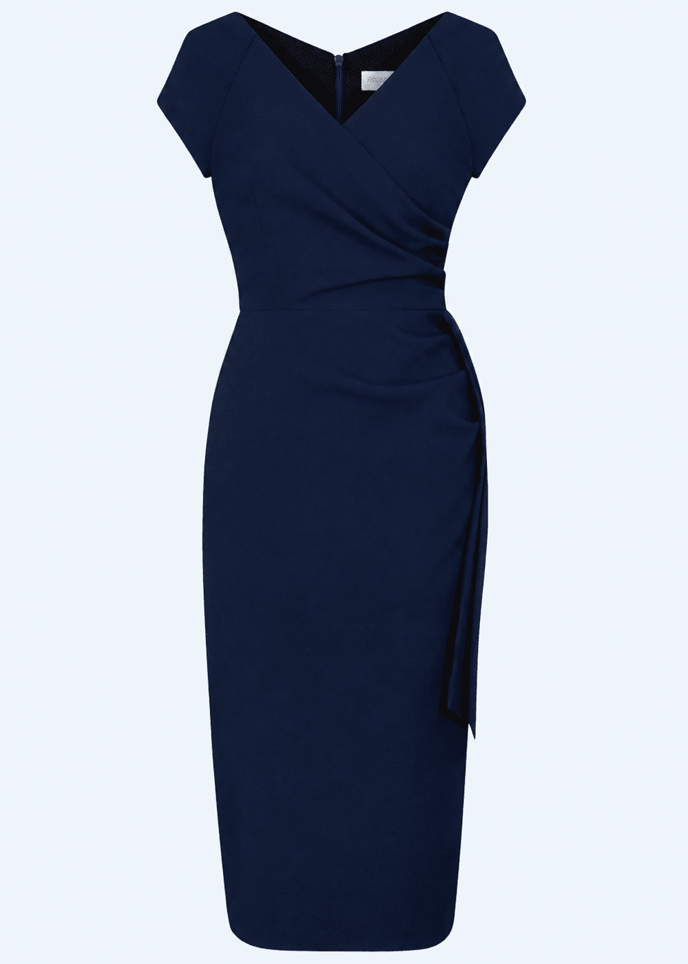 Hourglass pencil dress in navy with faux wrap from The Pretty Dress Company