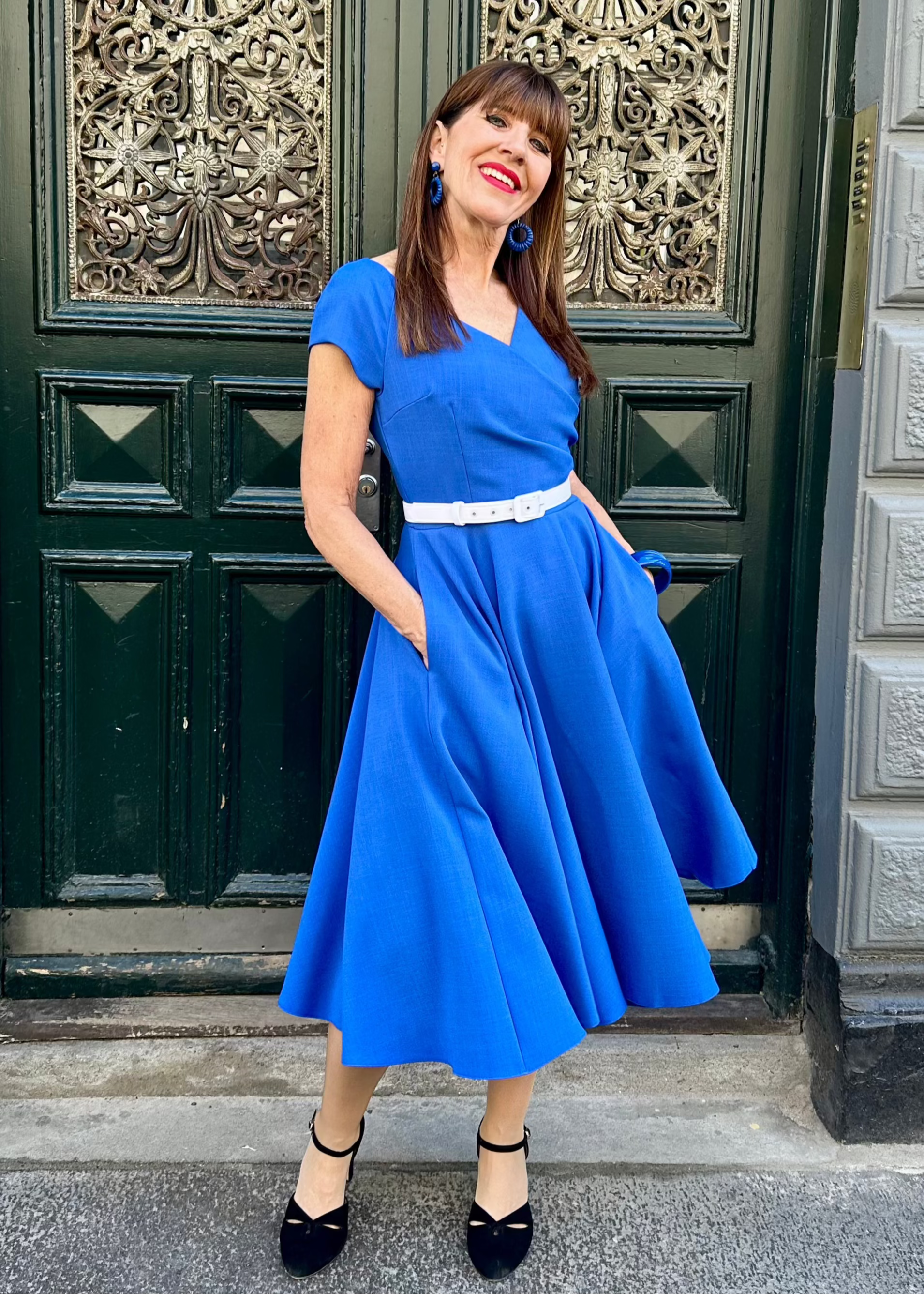 slim fit dress slacks Hourglass swing dress in cobalt blue from Pretty Dress Company