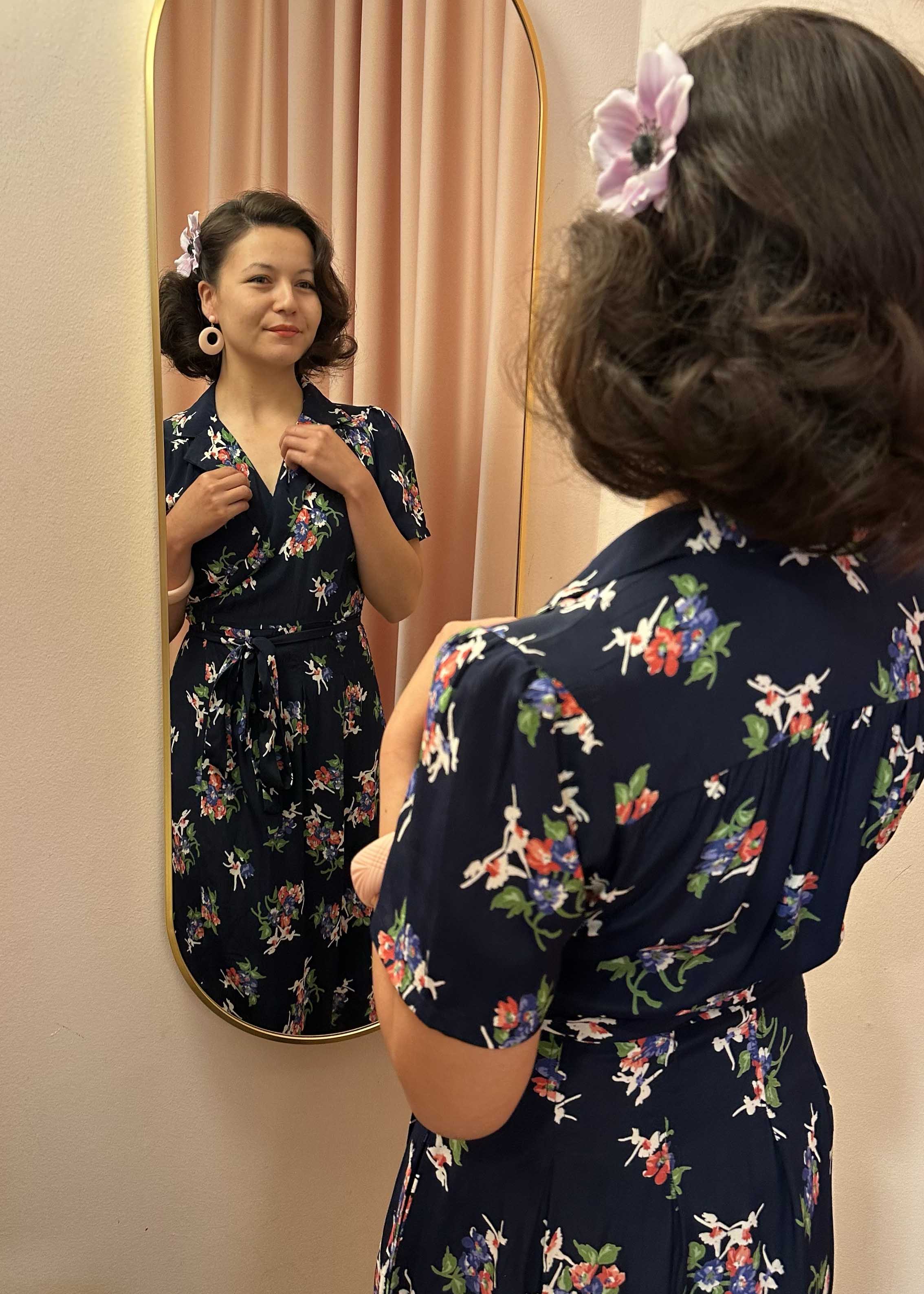 1940s Wrap dress - navy with Floral Dancer print