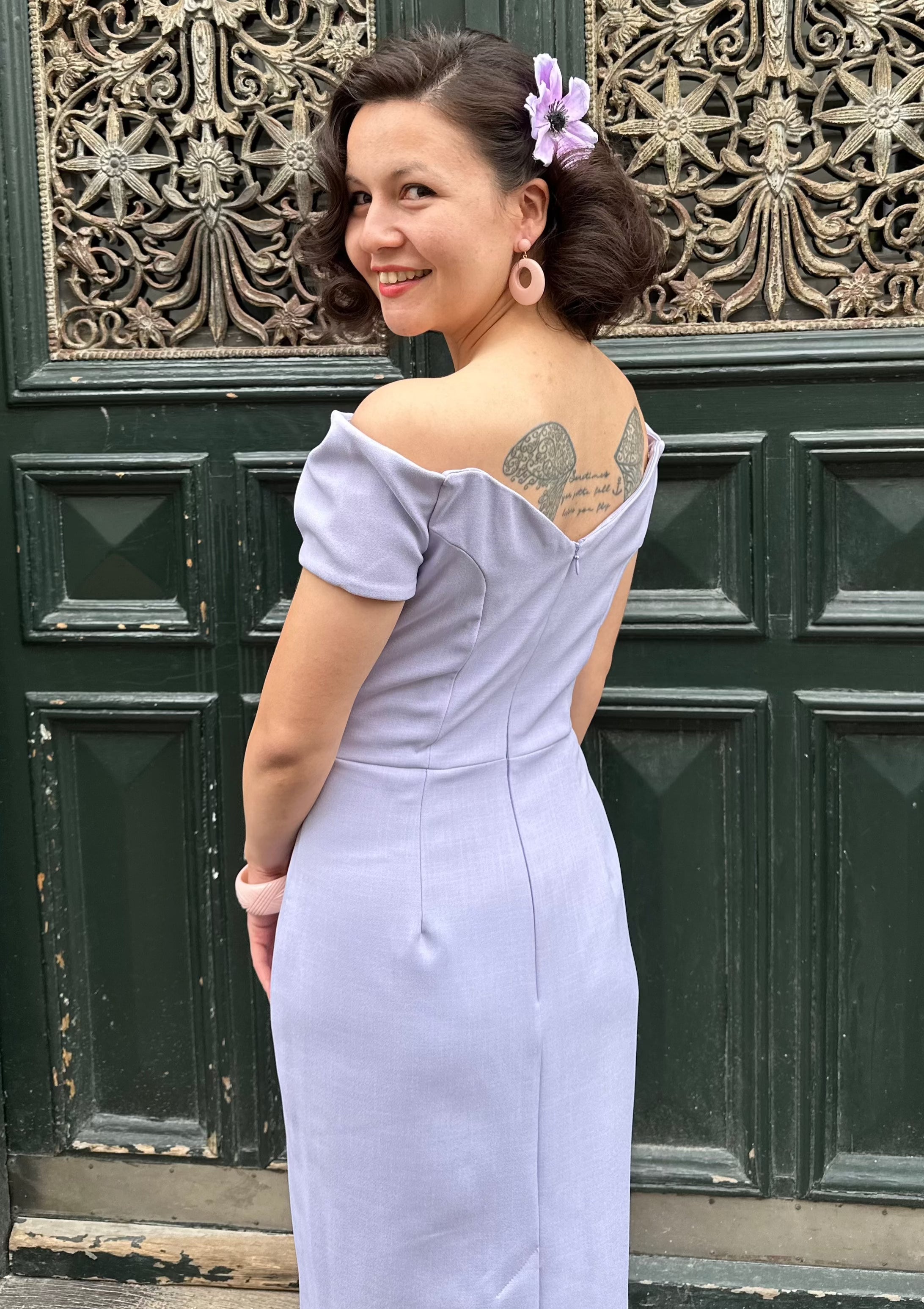 Fatale off-shoulder pencil dress - navy with flowers
