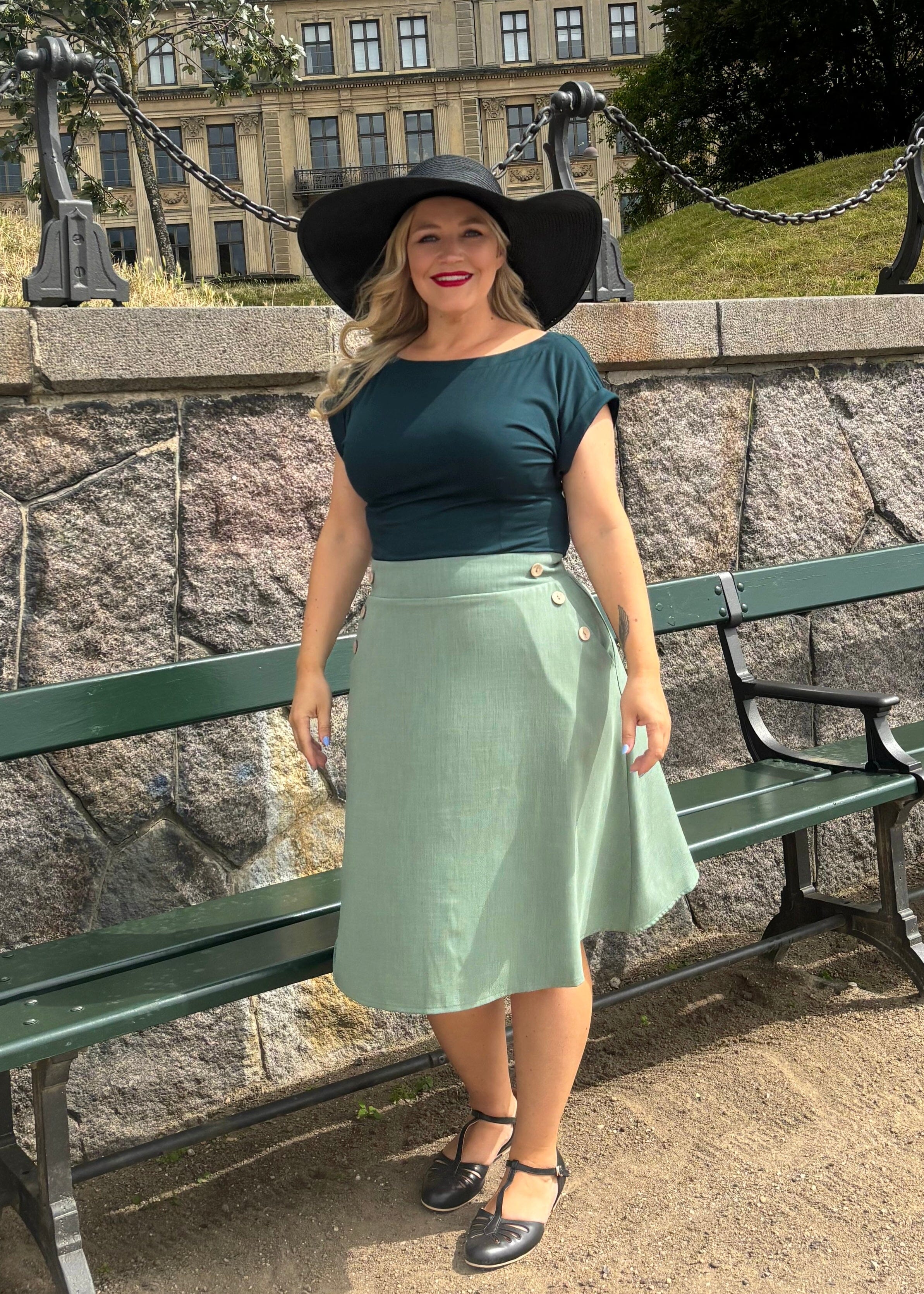 A-line nederdel med knapper - salvie grøn linen look aline nederdel Daisy Dapper