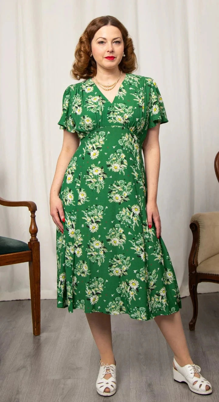 Betty A-line kjole - green floral aline kjole Weekend Doll