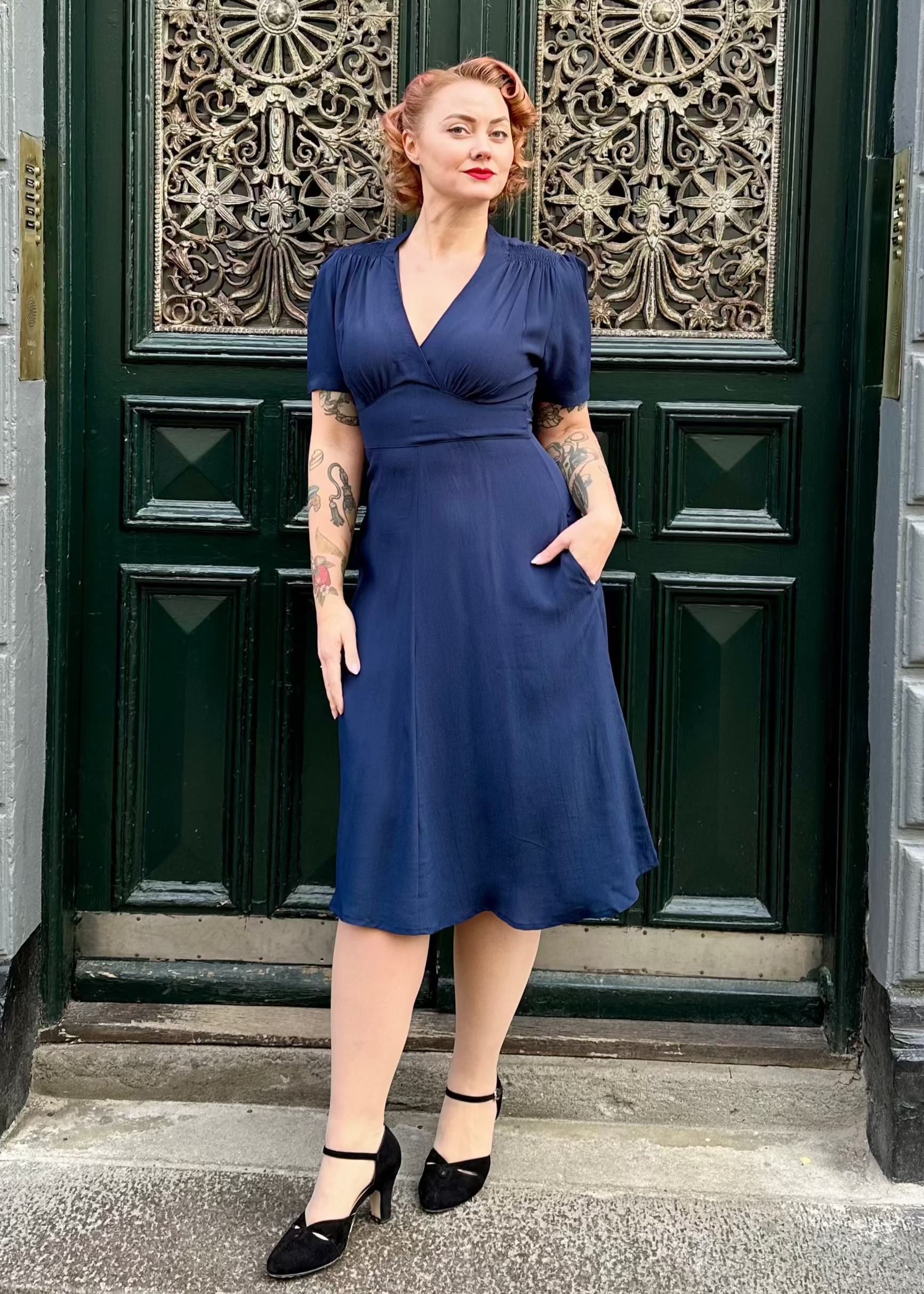 Dolores A-line dress in navy from Seamstress of Bloomsbury Dolores A-line dress in navy from Seamstress of Bloomsbury