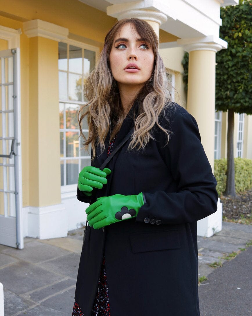 Handsker i grøn læder med marguerit Accessories Mabel Sheppard