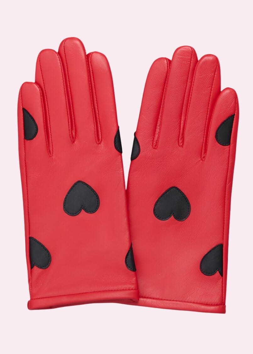 Handsker i rød læder med sorte hjerter handsker Mabel Sheppard