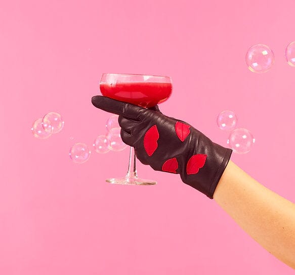 Handsker i sort læder med red-lips applikationer Accessories Mabel Sheppard