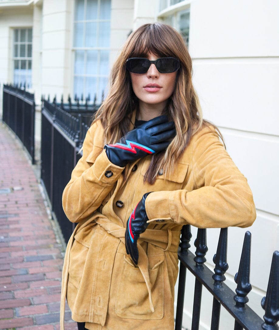 Handsker i sort læder med 'Ziggy' lyn handsker Mabel Sheppard