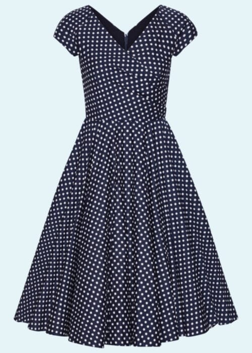 Hourglass swingkjole i navy blå med små hvide prikker swing kjole Pretty Dress Company