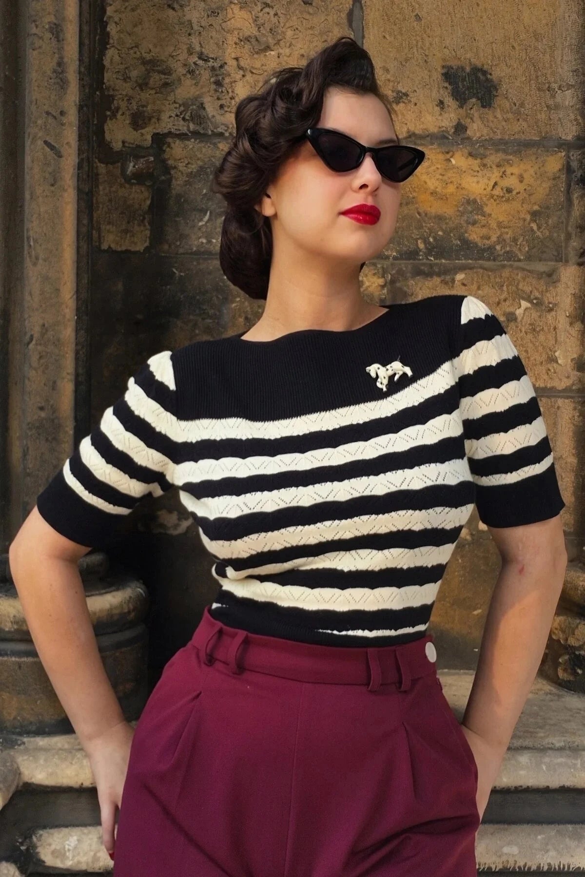 Lana strikbluse - Black/ ivory top Weekend Doll