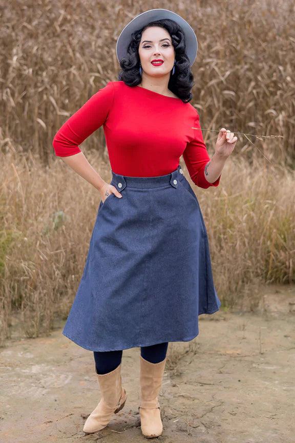 Monroe A-line nederdel i indigo blå denim aline nederdel Weekend Doll