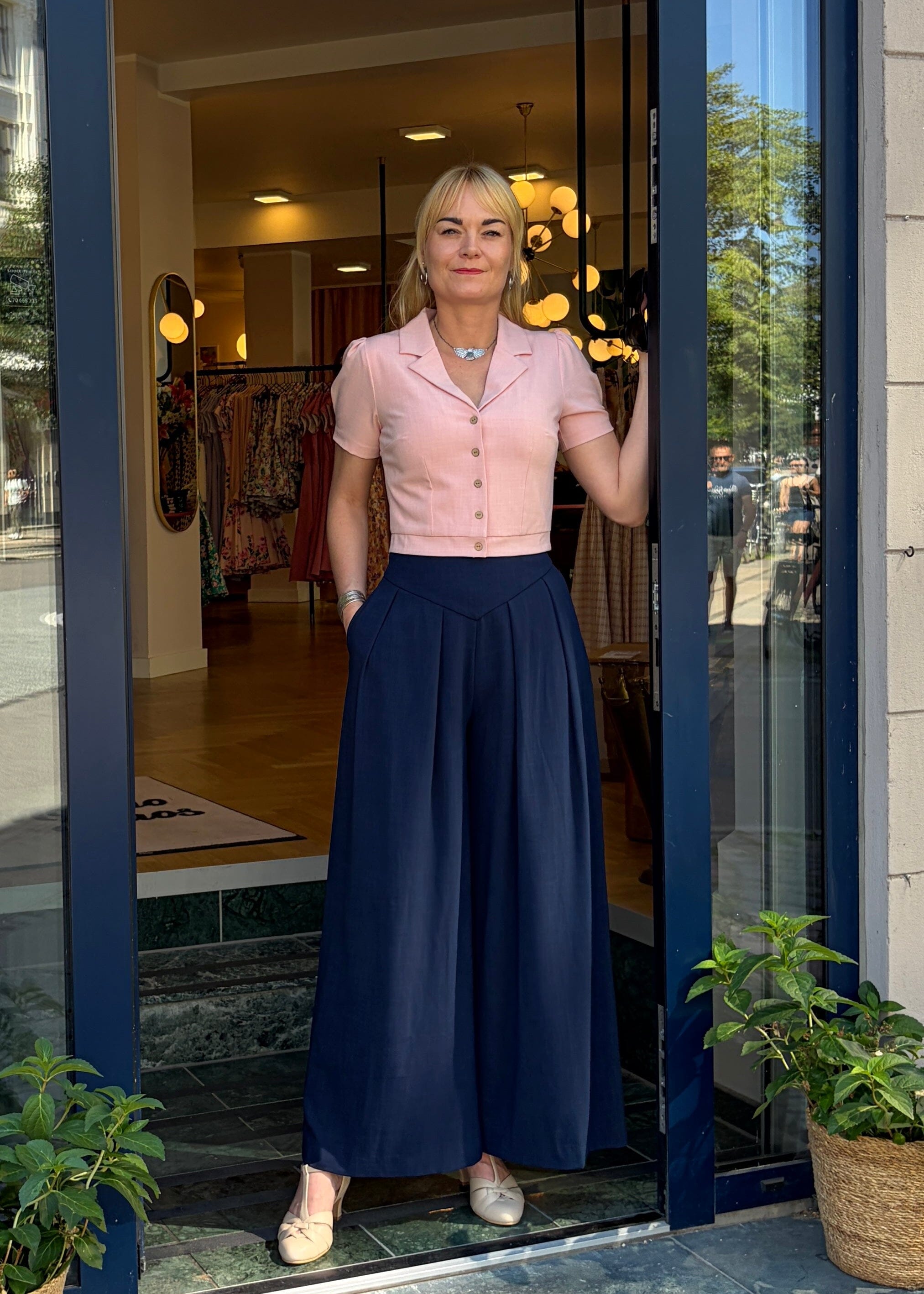 Palazzo bukser med høj talje - navy linen look bukser Daisy Dapper