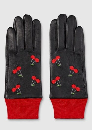 Retro handsker i sort læder med kirsebær Accessories Mabel Sheppard