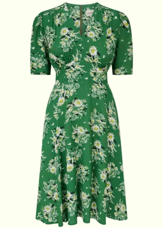 Vivian Tea Dress - green floral aline kjole Weekend Doll