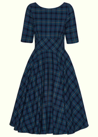 1950'er Hepburn Swingkjole i blå tartan swing kjole Pretty Dress Company 