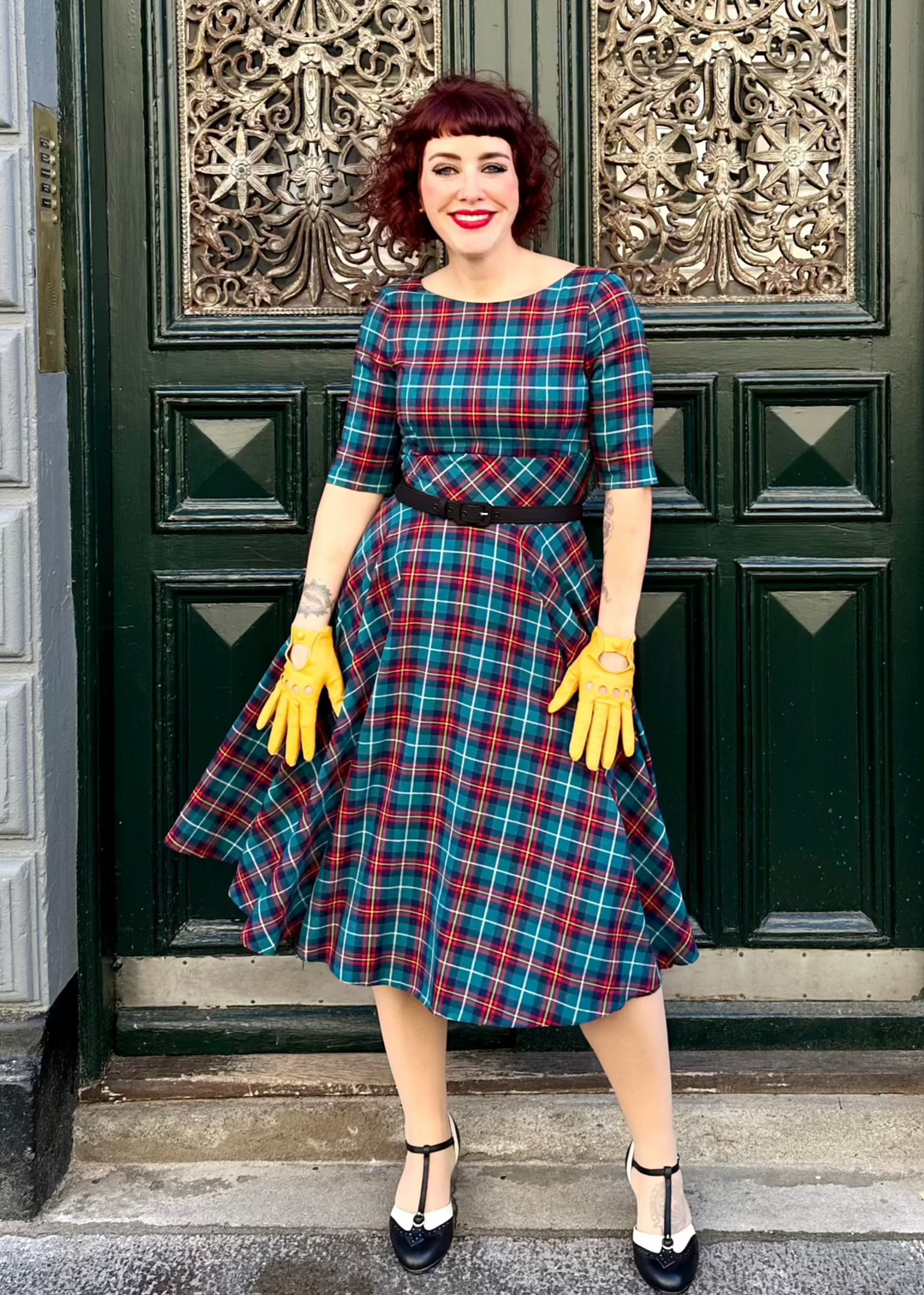 1950s Hepburn Swing Dress in Petrol Blue Tartan from The Pretty