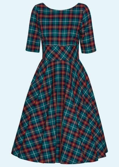 1950'er Hepburn Swingkjole i petroleumsblå tartan swing kjole Pretty Dress Company 