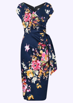 1950'er Hourglass pencilkjole i navy med blomster tøj Pretty Dress Company 