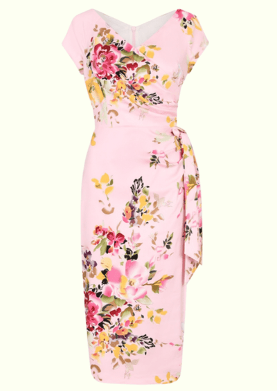 1950'er Hourglass pencilkjole i pink med blomster pencil kjole Pretty Dress Company 