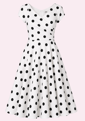 1950'er Hourglass swing kjole - hvid med sorte polkaprikker swing kjole Pretty Dress Company 