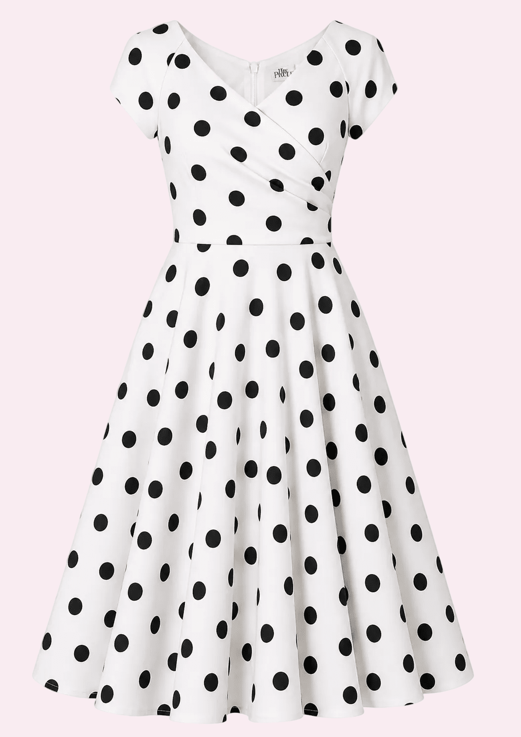 1950'er Hourglass swing kjole - hvid med sorte polkaprikker swing kjole Pretty Dress Company 