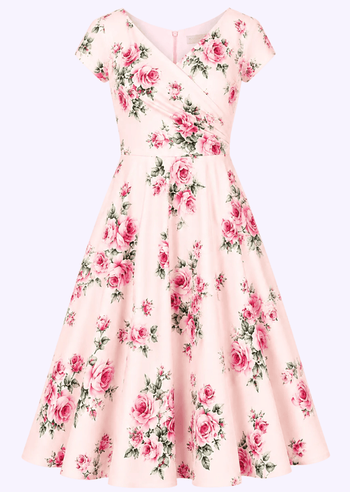 1950s Hourglass Swing Dress - Pink with Roses