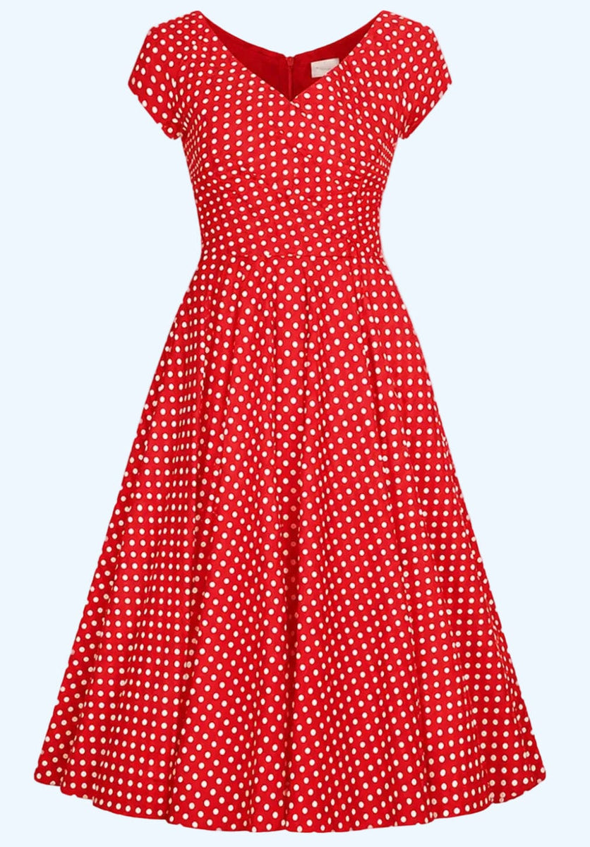 red polka dot swing dress Hourglass swing dress in white with red polka dots from Pretty Dress Company