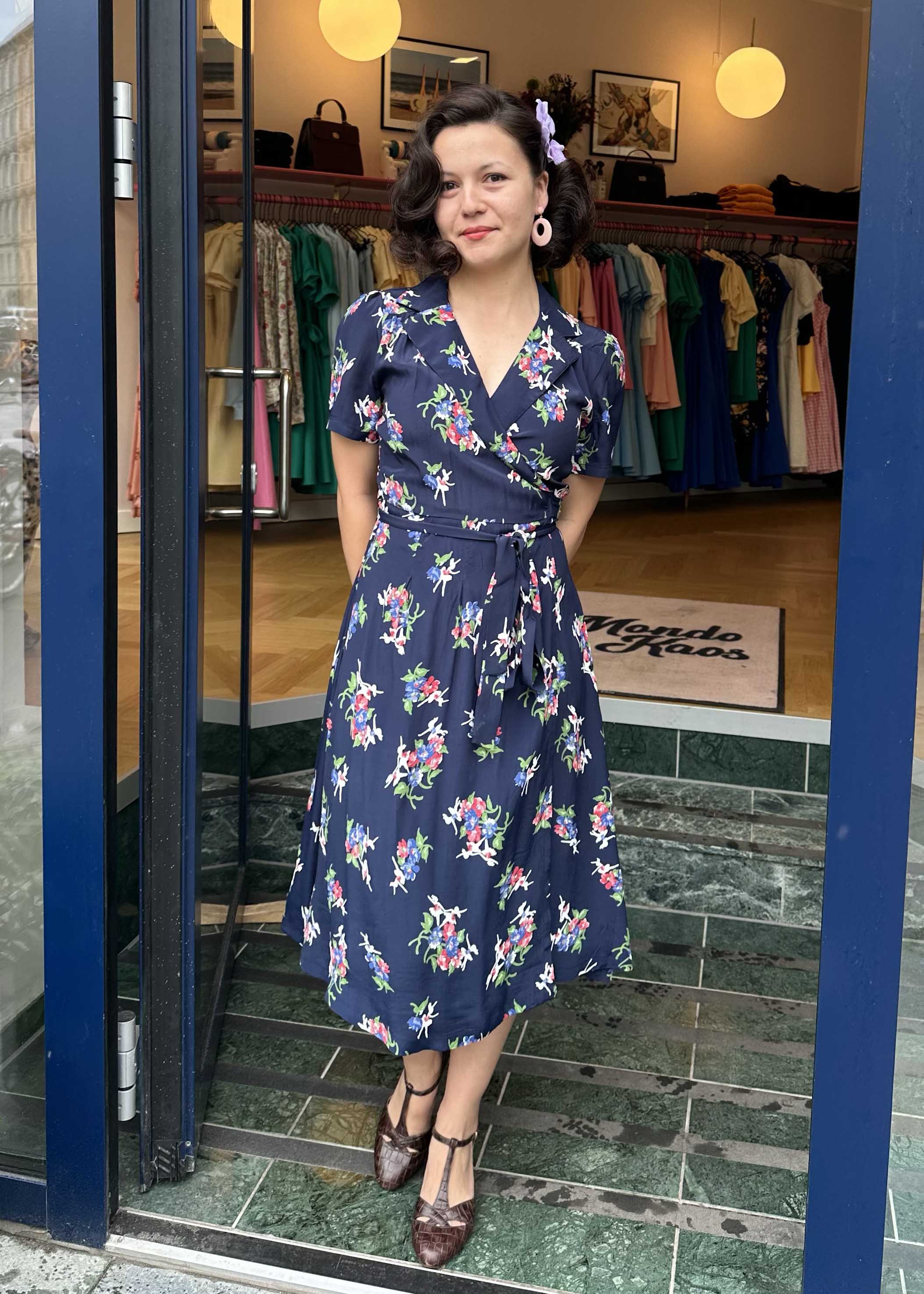 1940s Wrap dress - navy with Floral Dancer print