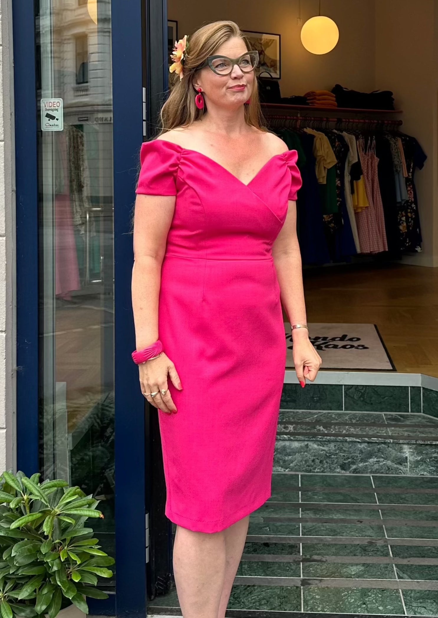 Fatale off-shoulder pencil dress - navy with flowers