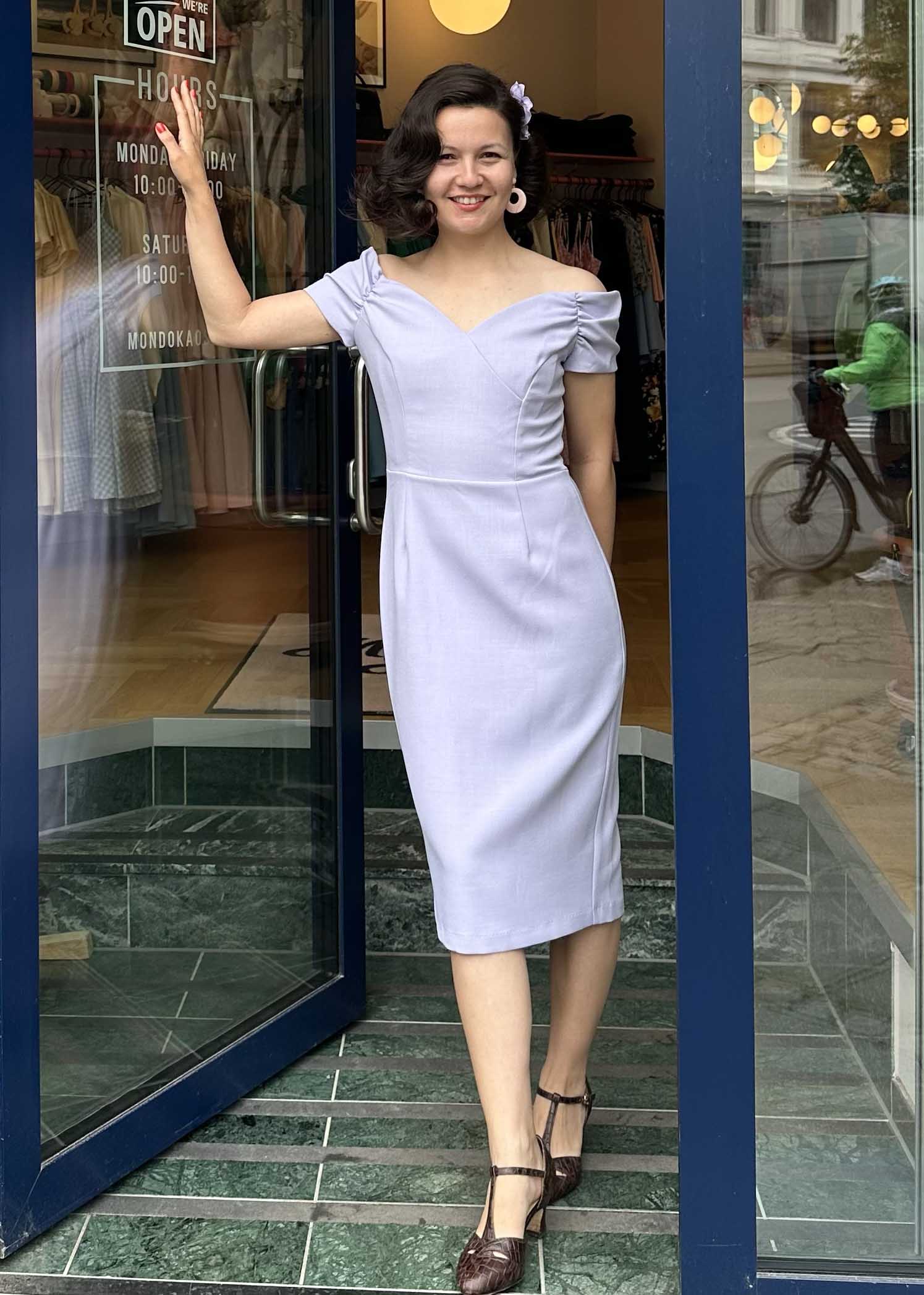 Fatale off-shoulder pencil dress - navy with flowers