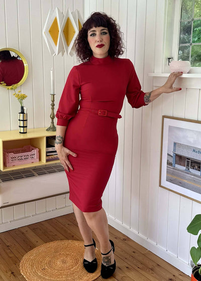 Audrey højhalset pencilkjole med 3/4 ærmer rød Kjoler Daisy Dapper 