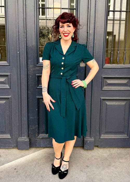 Betty short sleeve shirt dress - dark green linen