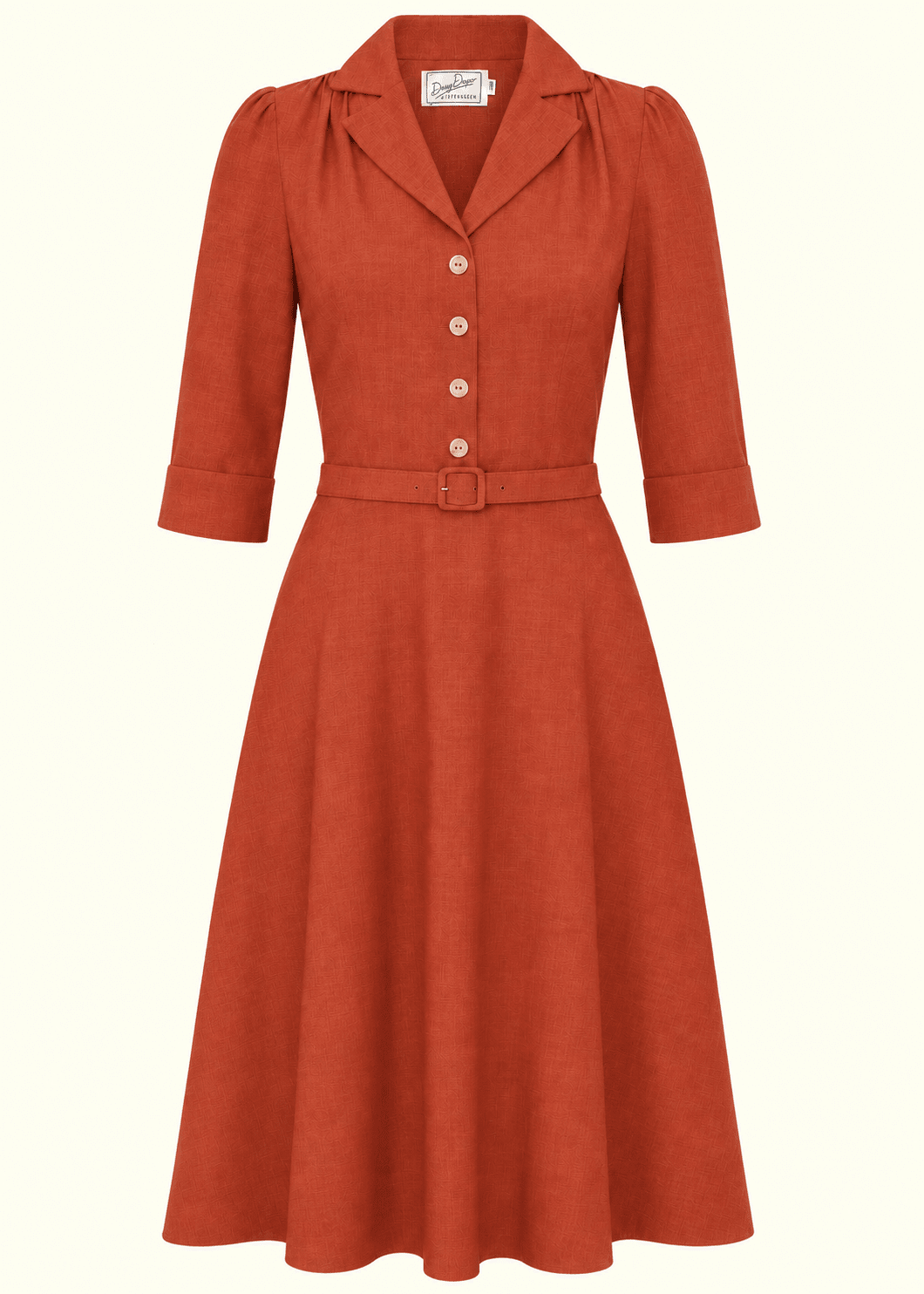 Betty skjortekjole med 3/4 ærmer - rust linen look skjortekjole Daisy Dapper 