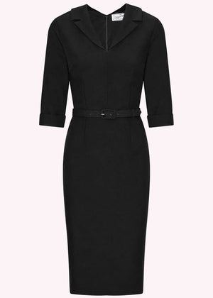 Chloe pencilkjole med reverskrave - sort linen look pencil kjole Daisy Dapper 