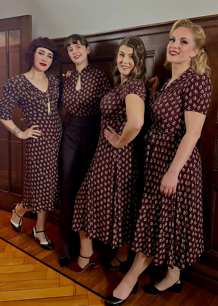 Cora bias-cut dress in plum colored 'Diamond Deco' from House of Foxy