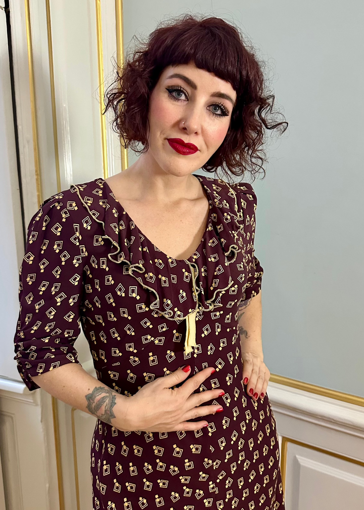 Cora bias-cut dress in plum colored 'Diamond Deco' from House of Foxy