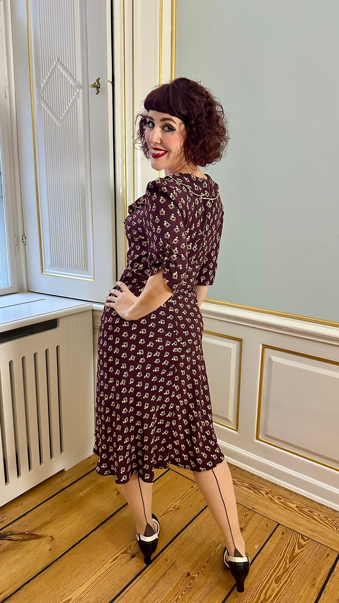 Cora bias-cut dress in plum colored 'Diamond Deco' from House of Foxy