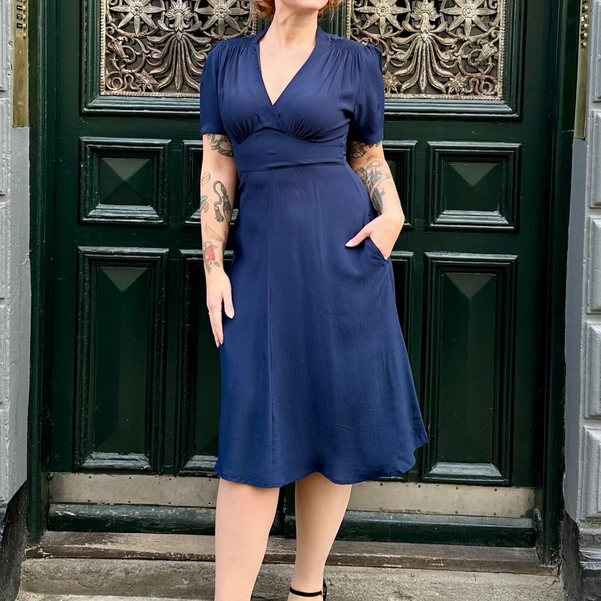 Dolores A-line dress in navy from Seamstress of Bloomsbury