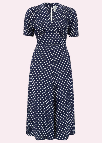 Dolores A-line kjole i navy med polka prikker aline kjole Seamstress Of Bloomsbury 