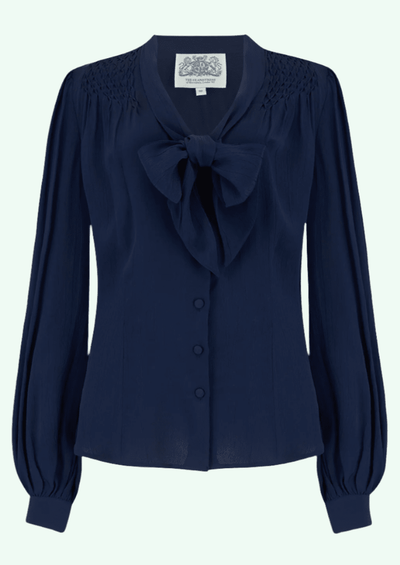 Eva - Langærmet skjorte med bindesløjfe i navy blå langærmet skjorte Seamstress Of Bloomsbury 