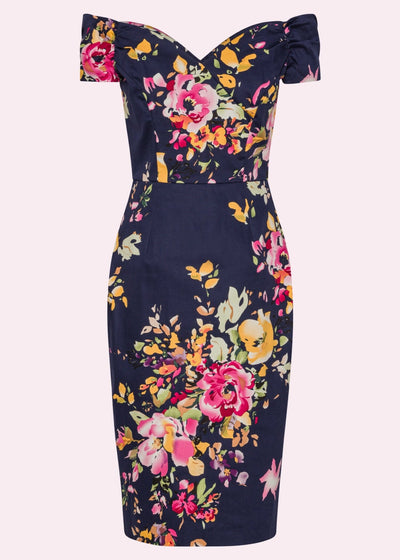 Fatale pencilkjole med off-shoulder i navy med blomster tøj Pretty Dress Company 