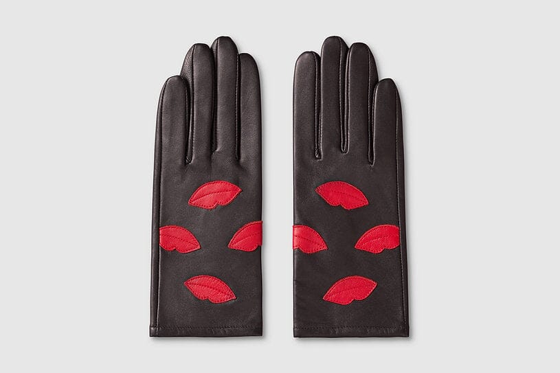 Handsker i sort læder med red-lips applikationer Accessories Mabel Sheppard 