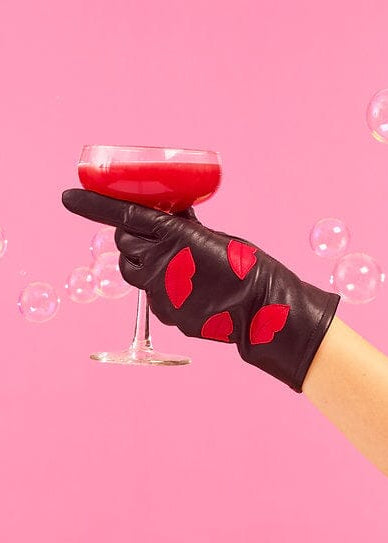 Handsker i sort læder med red-lips applikationer Accessories Mabel Sheppard 