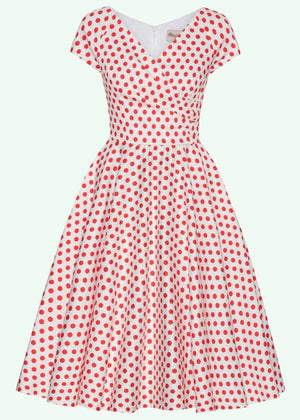 1950s Hourglass Swing Dress - white with red dots