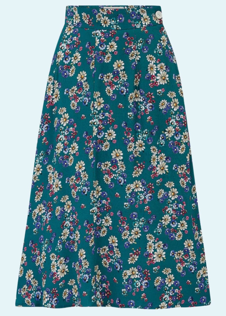 Joan A-line nederdel i petroleum med margueritter Nederdel Weekend Doll 