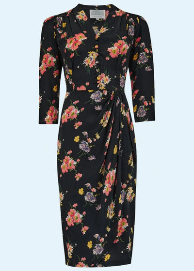 Mabel kjole med 3/4 ærmer i sort med blomster Kjoler Seamstress Of Bloomsbury 