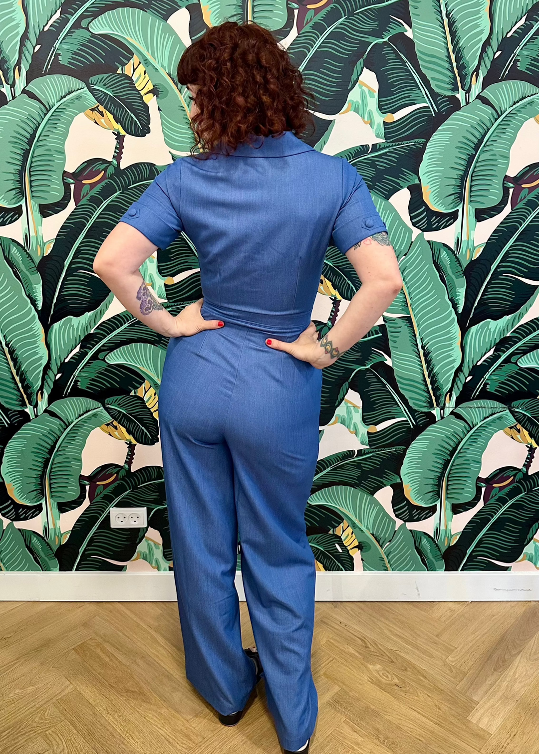 Maxine jumpsuit with short sleeves in denim blue from Daisy Dapper