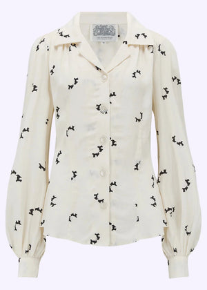 Poppy vintage stils skjortebluse hvid med hundeprint langærmet skjorte Seamstress Of Bloomsbury 